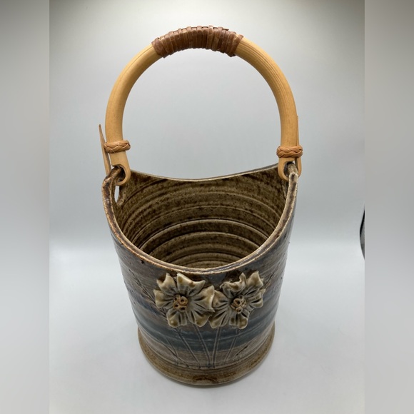 unbranded Other - Vintage Teal/Tan/Blue Pottery Flower Pot with Bamboo Handle